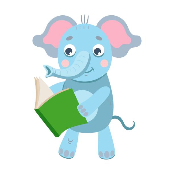 可爱的动物，欢快的大象看书卡通插画。聪明的字符持有教科书孤立在白色背景图片下载