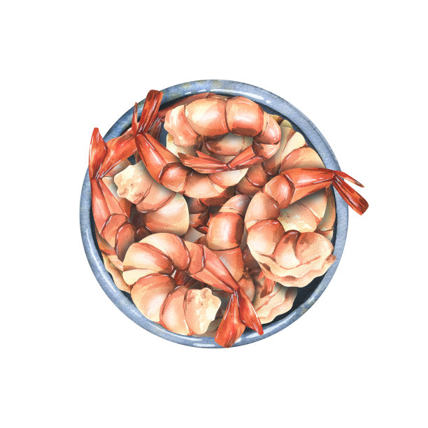 去皮的水煮虾，带尾巴在陶瓷碗里煮，俯视图。水彩插图。虾系列的一幅作品。为设计菜单，食谱，咖啡馆，餐厅，包装图片下载