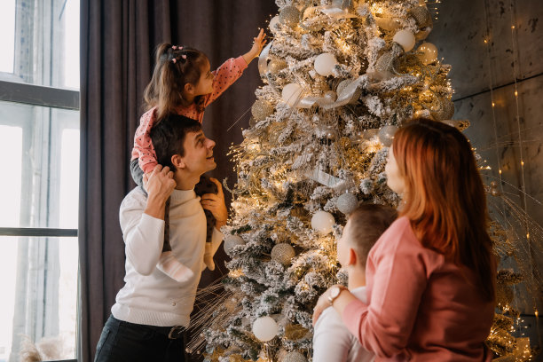 家里的妈妈，爸爸，弟弟和妹妹正在装饰圣诞树。图片下载