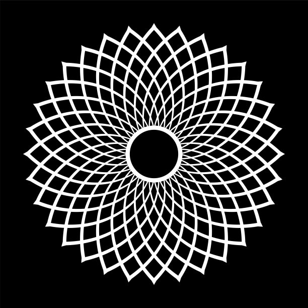 圆形几何径向图案。黑色背景上的白色设计元素。图片下载