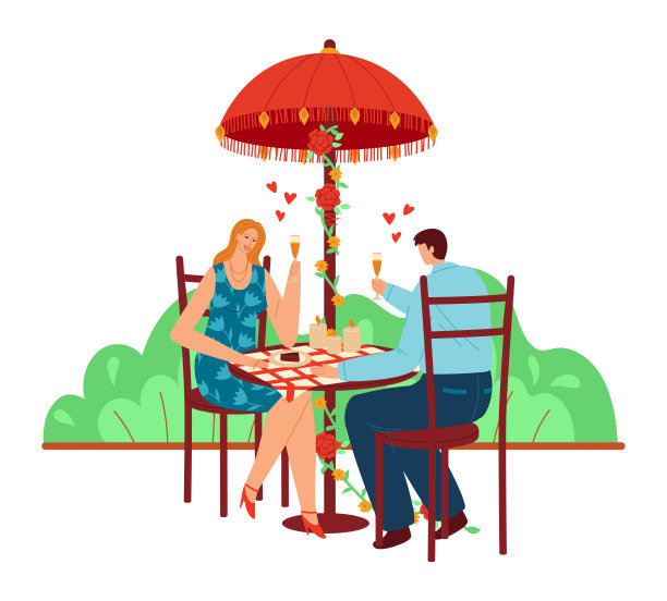 相爱的情侣在咖啡馆吃浪漫的约会晚餐，庆祝情人节约会。甜蜜幸福的年轻夫妇在约会时吃浪漫晚餐。一对夫妇一起矢量插图图片下载