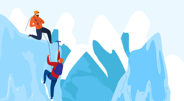 冬季趣味，户外登山，雪地运动活动，探险旅行，在设计，卡通风格矢量插画。图片下载