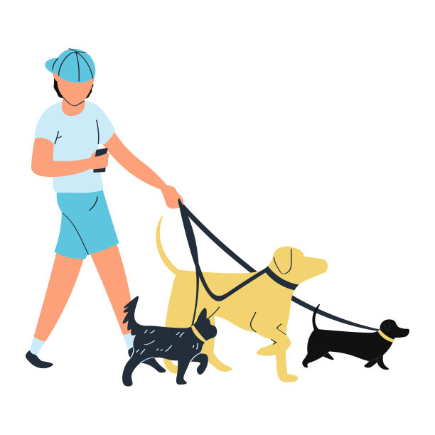 散步的男孩狗，宠物皮带，隔离在白色，与宠物的友谊，家庭成员，设计，平面风格矢量插画。图片下载