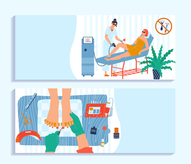 沙龙为女性身体美容护理，条幅集矢量插画。女性角色做水疗，激光脱毛。图片下载
