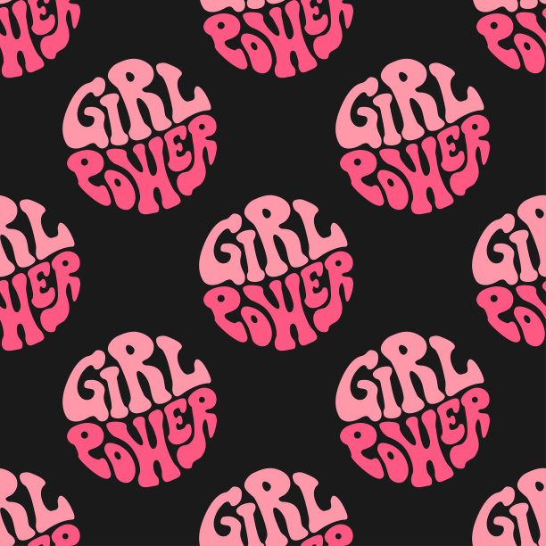 无缝模式与女孩力量groovy字母在圆形。图片下载