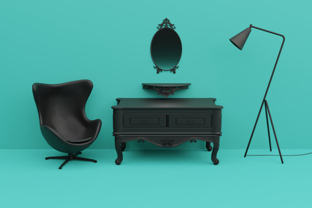 房间里有一把扶手椅，一盏灯，一张蓝绿色背景上淡黑色的桌子。图片下载