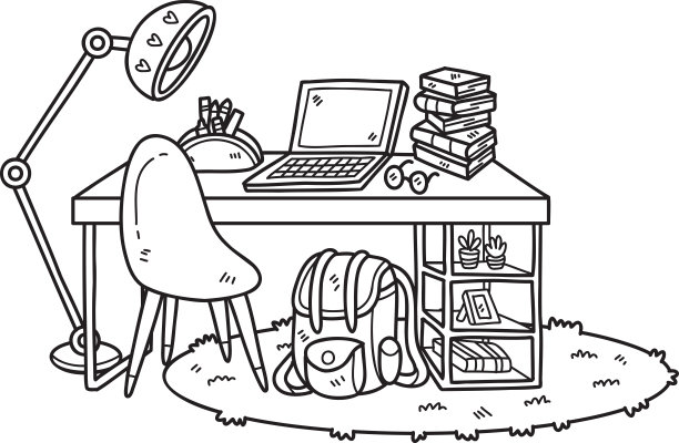 手绘书桌与书包和台灯室内插图图片下载