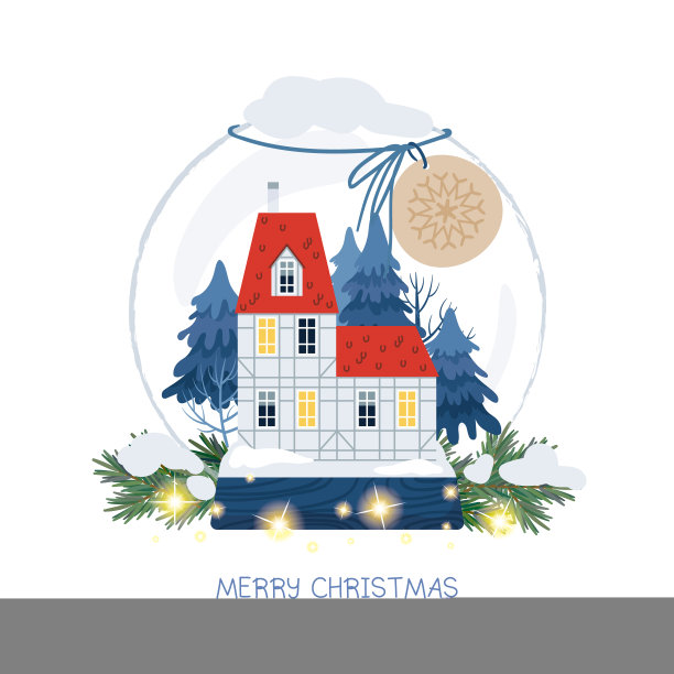 圣诞贺卡上有雪球、老房子、月亮和花环图片下载