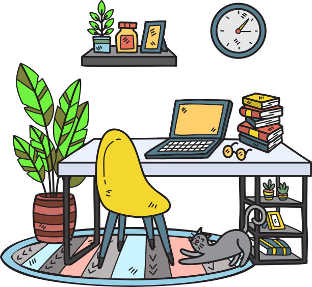 手绘办公室办公桌与植物和挂钟室内房间插图图片下载