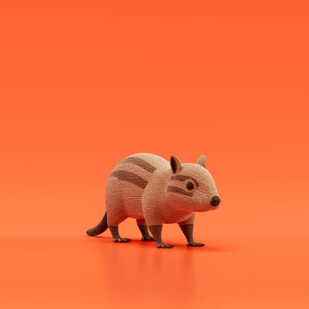 花栗鼠娃娃，毛绒动物织物单动物从角度看，棕色单色动物在一个橙色的工作室，3d渲染图片下载