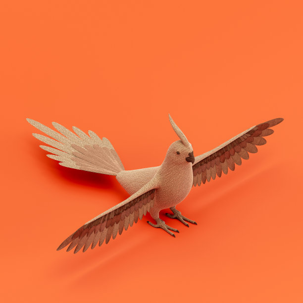 鹦鹉娃娃，填充鸟制成的织物单鸟从等距视图，棕色单色动物在橙色工作室，3d渲染图片下载