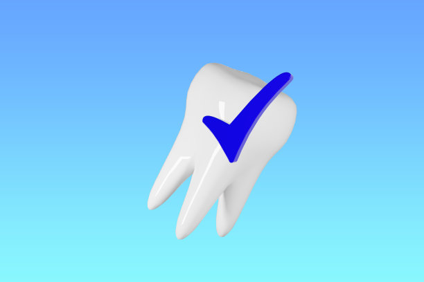 美白牙齿和蓝色检查标记。牙科诊所3d渲染。图片下载
