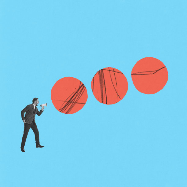 当代艺术拼贴。创意设计。愤怒的商人在扩音器里大喊大叫，并把任务分配给员工图片下载