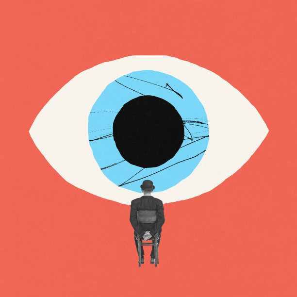 当代艺术拼贴。创意设计，商人坐在椅子上，旁边的巨人眼睛象征着新的商业愿景图片下载