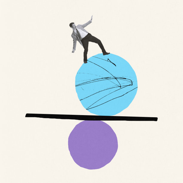 当代艺术拼贴。创意设计。野心勃勃的商人站在球和平衡。保持创造力图片下载