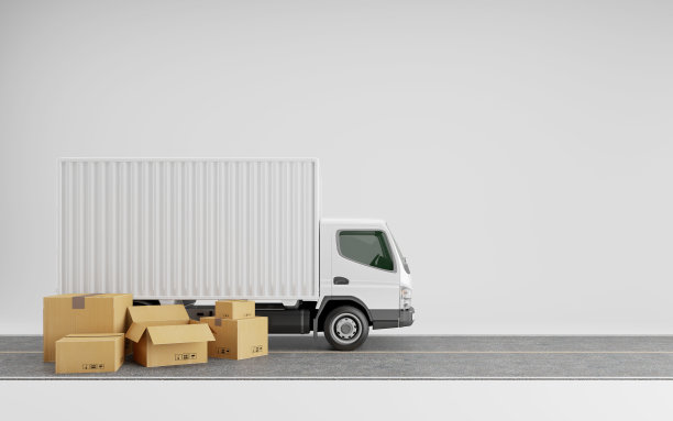 运送卡车与纸板箱和道路。运输货物。三维渲染图片下载