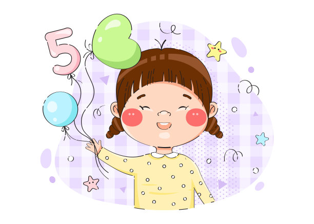 五岁的可爱女孩庆祝她的生日气球在彩色背景和抽象的五彩纸屑。矢量插图。图片下载