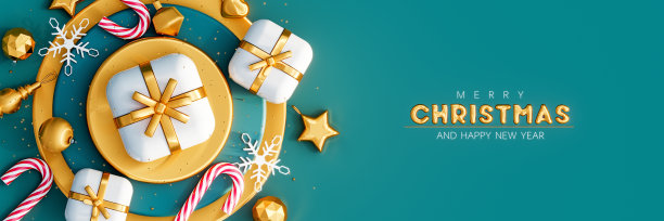 圣诞邀请或贺卡装饰和圣诞快乐的文字绿色背景图片下载