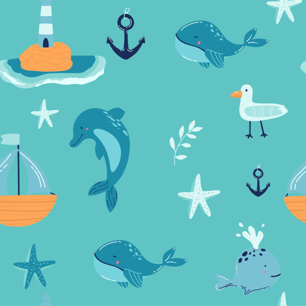 蓝鲸与珊瑚在海里可爱的卡通背景无缝图案的设计用于纺织，服装图案，印花，墙纸，矢量插画。图片下载