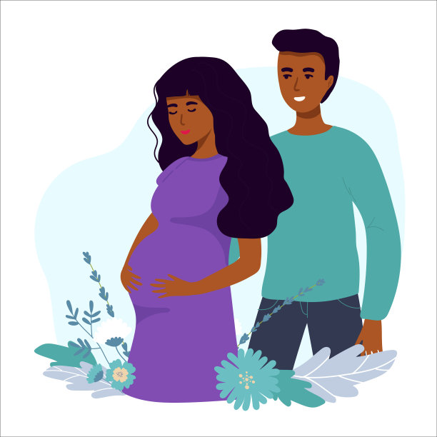 快乐的孕妇抚摸着肚子，怀孕概念，矢量图，与爸爸图片下载