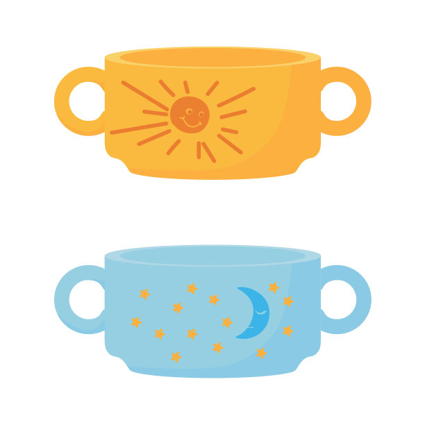 2个儿童杯，黄色和蓝色，白色背景上有2个把手。用太阳、新月和星星作插图。图片下载