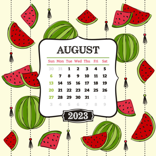 2023年日历主题模板。八月。图片下载