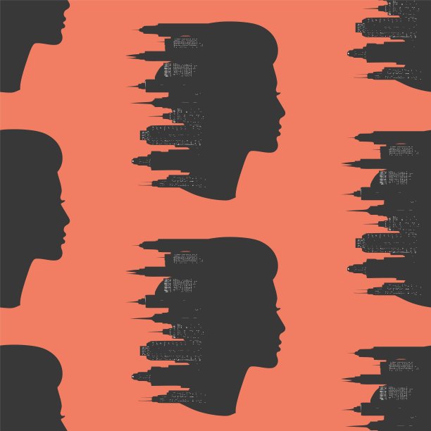 无缝模式，女性的侧面和城市-双重曝光，矢量剪纸图片下载