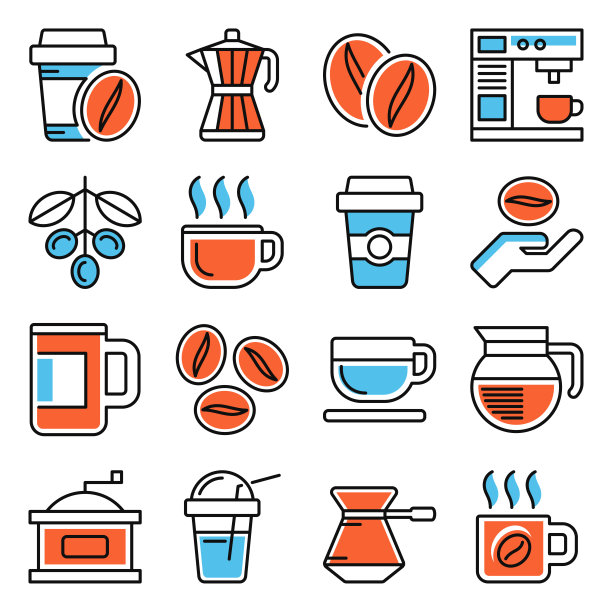 咖啡图标设置在白色背景。向量图片下载