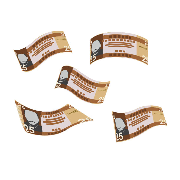 南苏丹镑矢量插图。南苏丹货币套装捆钞。坠落，飞钱25分贝。平的风格。孤立的白色背景。简约的设计。图片下载