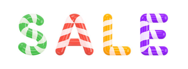 出售。文字出售从彩色糖果拐杖风格的棒棒糖。光滑的卡通3d字母，孤立在白色背景上。横幅，促销，广告，销售季节，假日销售。三维矢量插图图片下载