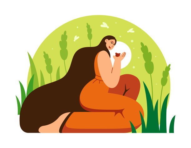 爱自己，爱自然，爱动物。矢量插画的一个女孩在大自然中抱着一只可爱的小老鼠。图片下载