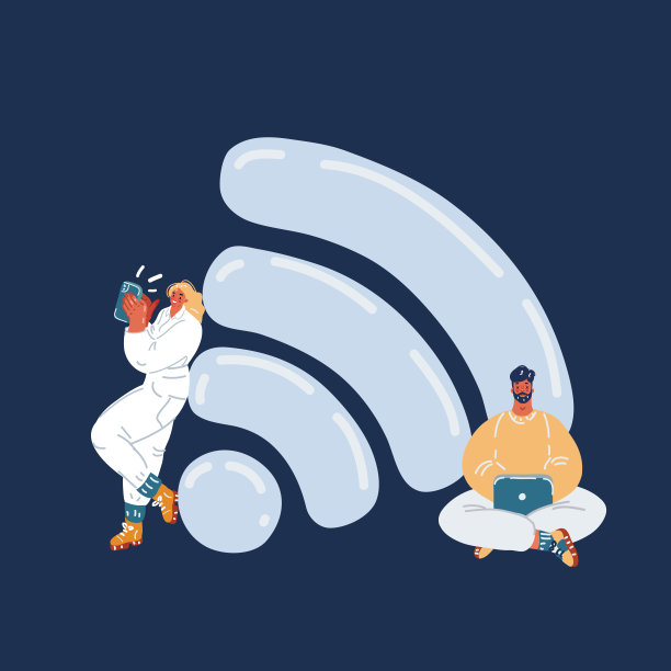 卡通矢量插画，人们在自由互联网区工作的笔记本电脑坐在一个大的wifi标志。免费wifi热点，公众评鉴区。图片下载