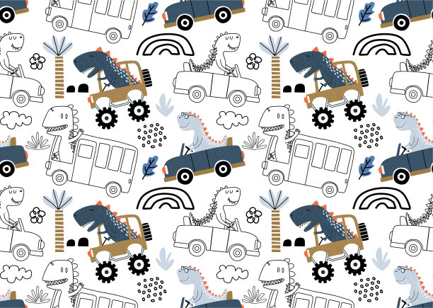 与可爱的恐龙驾驶汽车无缝模式。图片下载