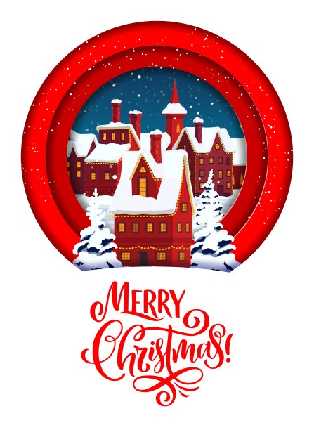 圣诞剪纸贺卡与冬日小镇图片下载