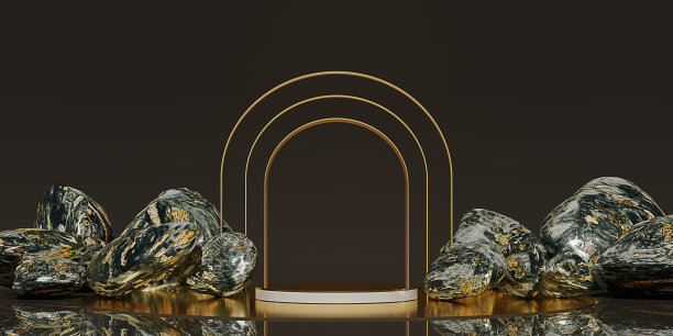 产品展示平台的背景与石头和大理石产品植入场景3d插图图片下载