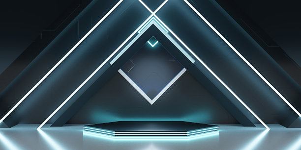 科技讲台，科学的霓虹灯和激光背景现代场景三维插图图片下载