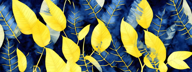 旗帜热带模仿水彩异国情调油画藏青色，金叶水彩植物热带插图数字图片下载