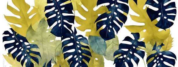 旗帜热带模仿水彩异国情调油画藏青色，金叶水彩植物热带插图数字图片下载