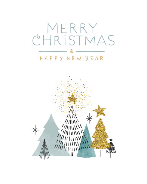 圣诞新年金灿灿松树贺卡图片下载