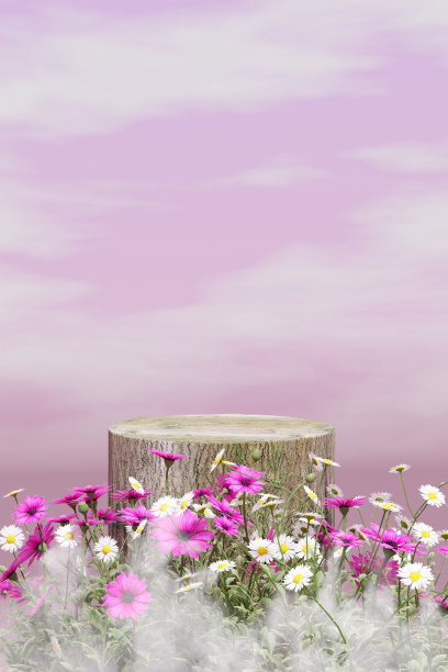 3d渲染平台和自然平台背景，原木平台覆盖彩色的花朵和雾与粉红色的天空和云的产品展示广告化妆品美容产品或护肤品图片下载