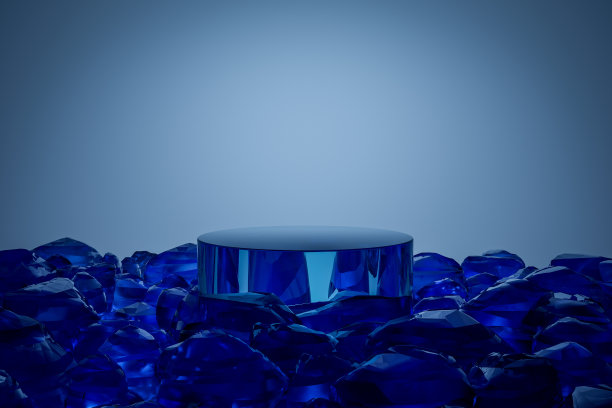 3d渲染平台和自然平台背景发光的蓝色小水晶与夜间灯光的产品摊位展示广告化妆品美容产品或护肤品与空圆形舞台图片下载