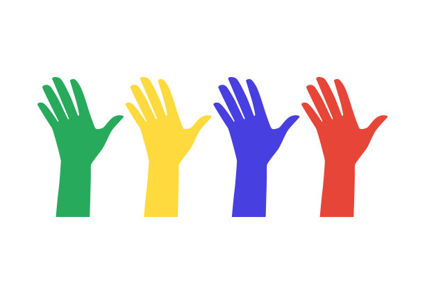 象征自闭症的徽章或符号，形状为彩色的手，平面矢量孤立。图片下载