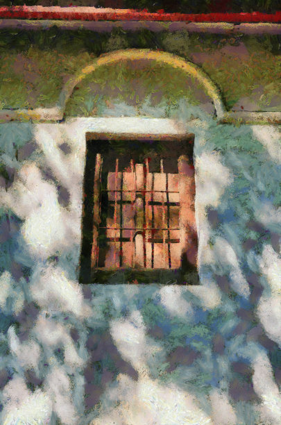 古色古香的木窗和格栅顶部有装饰性的拱门墙壁是白色的插图创造了印象派的绘画风格。图片下载