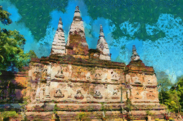 Wat Chet Yot寺庙，用灰泥装饰的古老宝塔。是菩提伽耶宝塔印度插画创造了印象派风格的绘画。图片下载