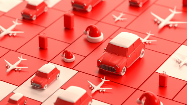 圣诞旅行假期概念行李箱行李，汽车和圣诞老人帽子在红色背景图片下载