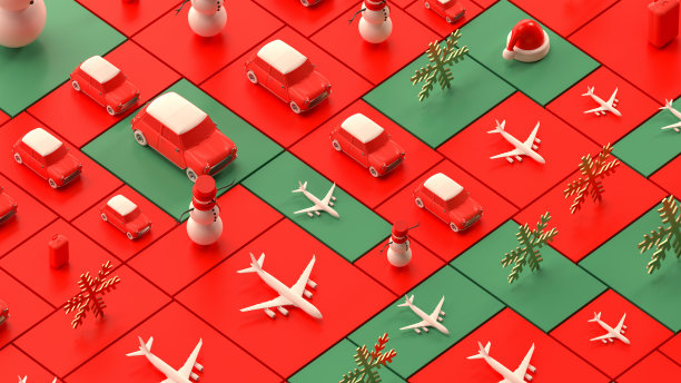 圣诞旅行假期概念行李箱行李，汽车和圣诞老人帽子在红色背景图片下载