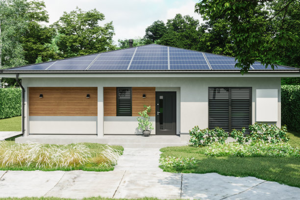 现代住宅与太阳能电池板和墙壁电池的能源储存图片下载