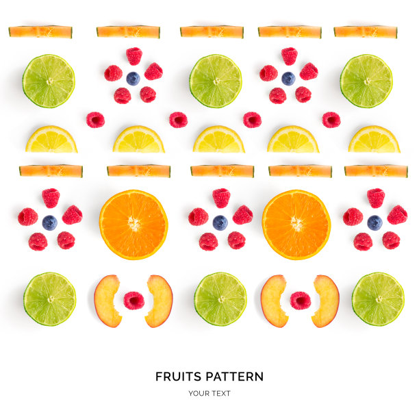 无缝图案与橙，柠檬，瓜，梨，蓝莓，覆盆子和酸橙。热带抽象背景。图片下载