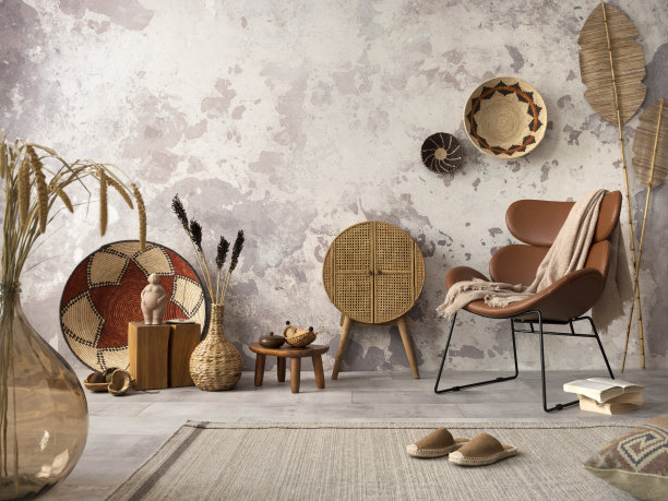 民族客厅室内设计，设计皮革棕色扶手椅，彩色篮子，圆形藤餐具柜，灰色地毯，灰色混凝土墙，椰子，书籍，玻璃花瓶干花和个人配件。家居装饰。模板,图片下载