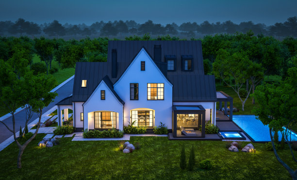 白色和黑色的现代都铎式房屋在夜间的三维渲染图片下载